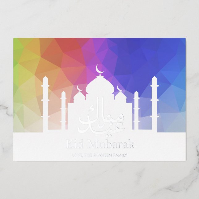 Colourful Rainbow Polygonal Eid Mubarak Mosque Foil Holiday Card (Front)