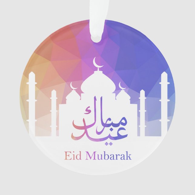 Colourful Rainbow Polygonal Eid Mubarak Mosque Ornament (Front)