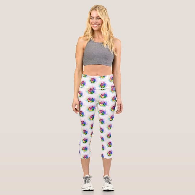 Colourful Rainbow Rose Capri Leggings (Front)