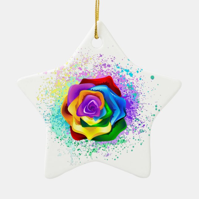 Colourful Rainbow Rose Ceramic Ornament (Front)