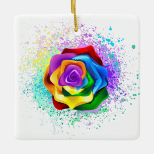 Colourful Rainbow Rose Ceramic Ornament