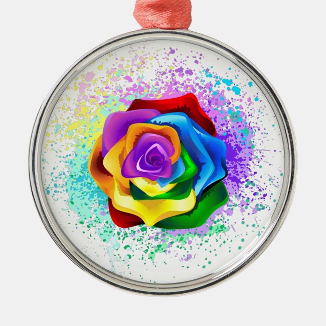 Colourful Rainbow Rose Metal Ornament (Front)