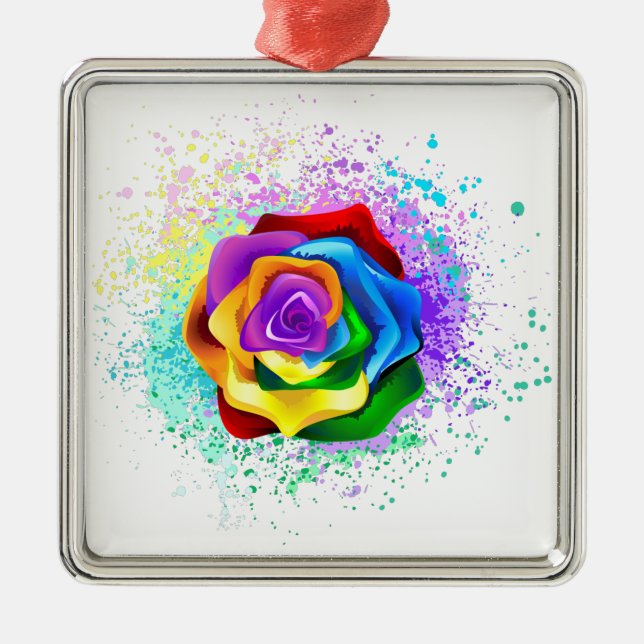 Colourful Rainbow Rose Metal Ornament (Front)