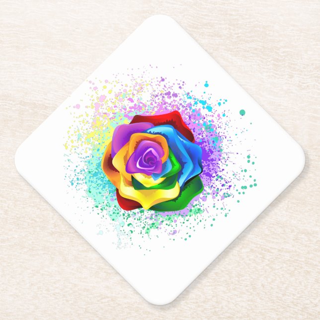 Colourful Rainbow Rose Paper Coaster (Front)