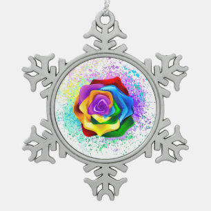 Colourful Rainbow Rose Snowflake Pewter Christmas Ornament