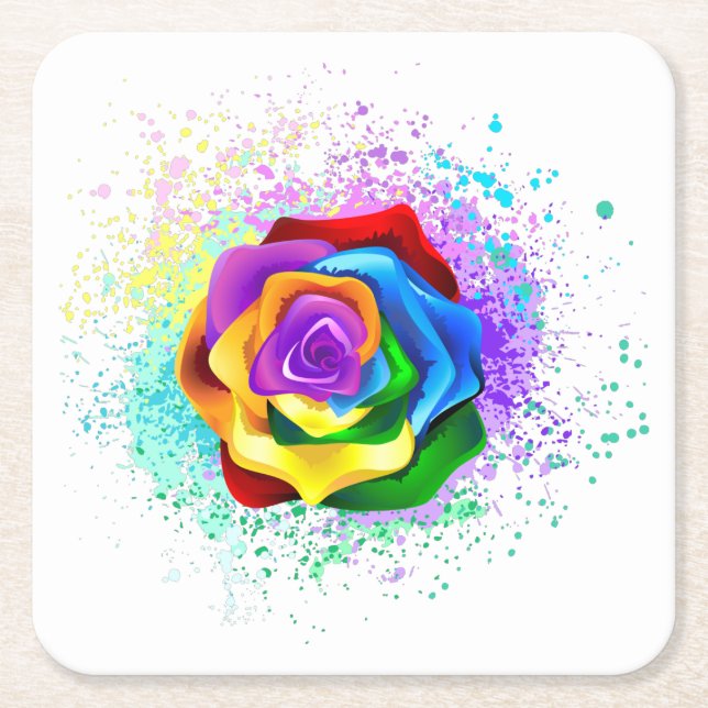 Colourful Rainbow Rose Square Paper Coaster (Front)