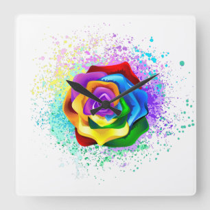Colourful Rainbow Rose Square Wall Clock