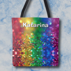 Colourful Rainbow Sequin Print Personalized Name Tote Bag