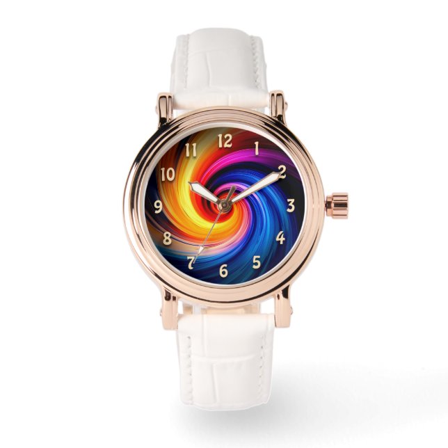 Colourful Rainbow Spiral Swirling Colours Design Watch (Front)