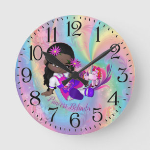 Colourful Rainbow Spirals Cutie Pie's Unicorns Round Clock
