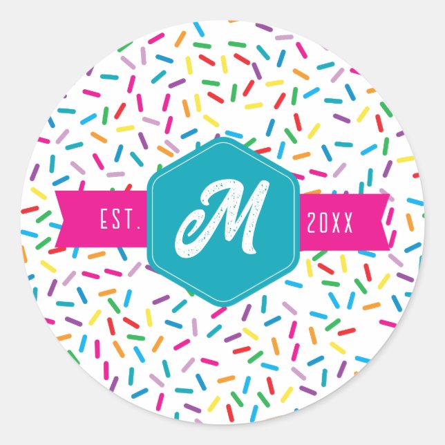 Colourful Rainbow Sprinkles Retro Monogram Classic Round Sticker (Front)