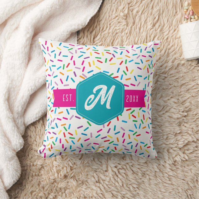 Colourful Rainbow Sprinkles Retro Monogram Throw Pillow (Blanket)
