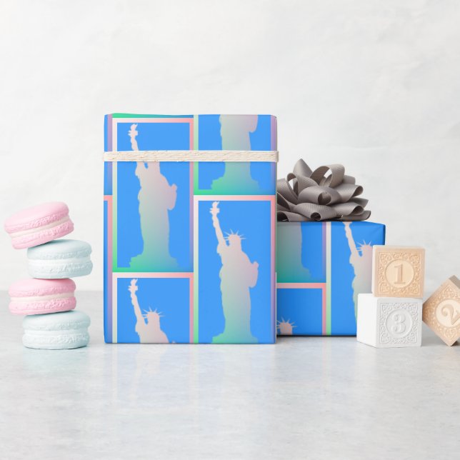 Colourful Rainbow Statue of Liberty New York Blue Wrapping Paper (Baby Shower)