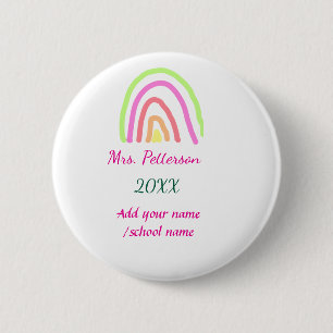 Colourful rainbow stripes add teacher name year 2 inch round button