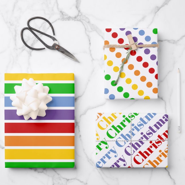 Colourful rainbow stripes dots typography Christma Wrapping Paper Sheet (Front)