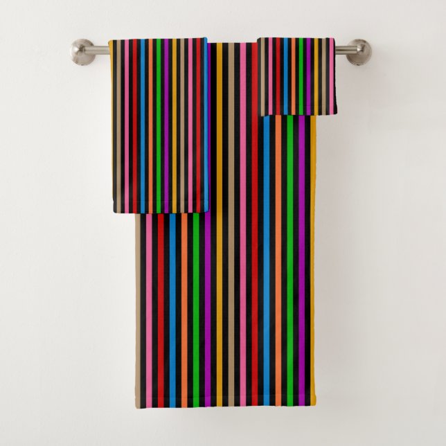 Colourful Rainbow Stripes Lines Design - Black  Bath Towel Set (Insitu)