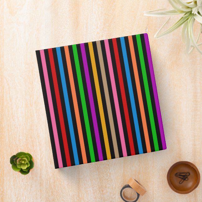 Colourful Rainbow Stripes Lines Design - Black  Binder (In Situ)