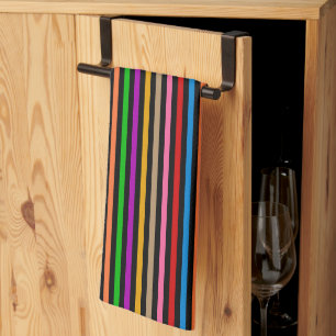 Colourful Rainbow Stripes Lines Design - Black Kitchen Towel