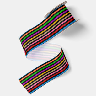 Colourful Rainbow Stripes Lines Design - Black  Satin Ribbon