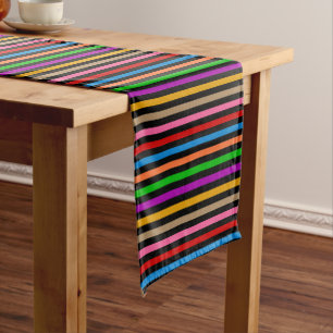 Colourful Rainbow Stripes Lines Design - Black  Short Table Runner