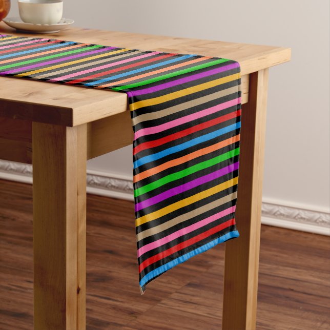 Colourful Rainbow Stripes Lines Design - Black  Short Table Runner (In Situ)