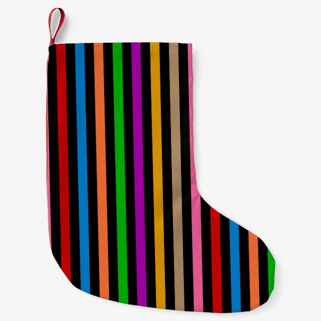 Colourful Rainbow Stripes Lines Design - Black  Small Christmas Stocking (Front)