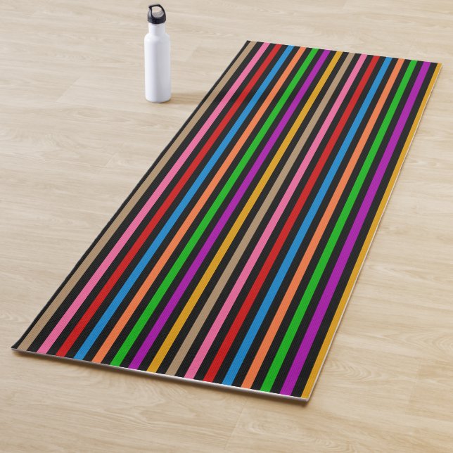 Colourful Rainbow Stripes Lines Design - Black  Yoga Mat (In Situ)