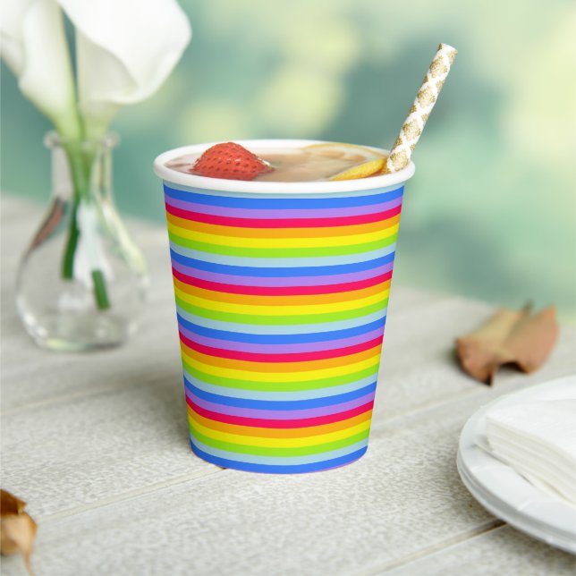 Colourful rainbow stripes red purple party paper cups (Insitu)
