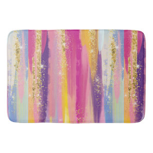 Colourful Rainbow Stripes with Faux Gold Glitter Bath Mat