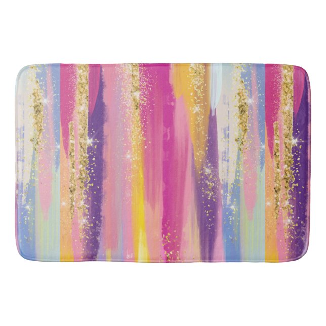 Colourful Rainbow Stripes with Faux Gold Glitter Bath Mat (Front)