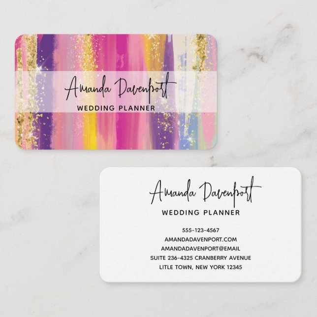 Colourful Rainbow Stripes with Faux Gold Glitter Business Card (Front/Back)