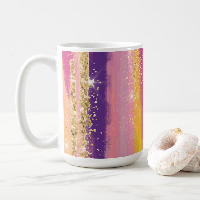 Colourful Rainbow Stripes with Faux Gold Glitter Coffee Mug (With Donut)