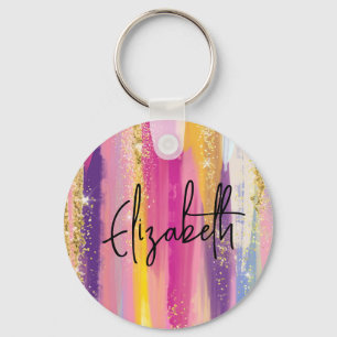 Colourful Rainbow Stripes with Faux Gold Glitter Keychain