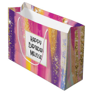 Colourful Rainbow Stripes with Faux Gold Glitter Large Gift Bag