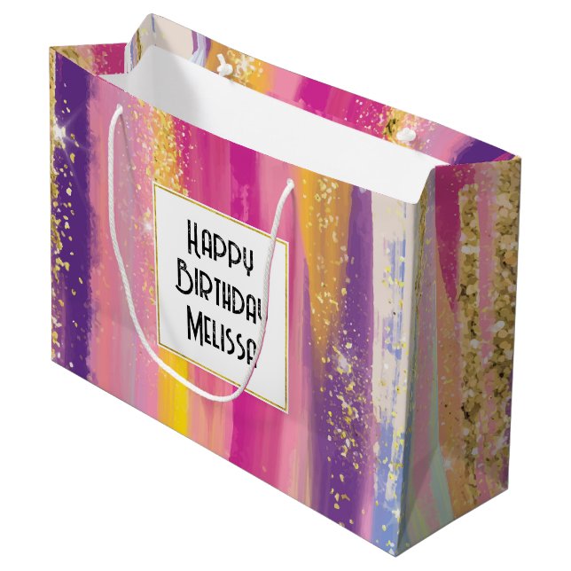 Colourful Rainbow Stripes with Faux Gold Glitter Large Gift Bag (Front Angled)