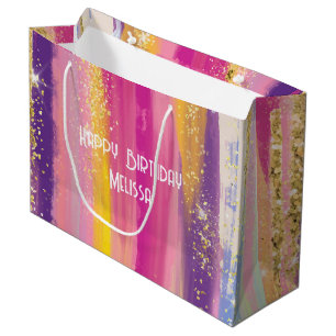 Colourful Rainbow Stripes with Faux Gold Glitter Large Gift Bag