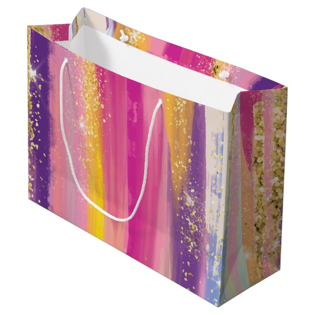 Colourful Rainbow Stripes with Faux Gold Glitter Large Gift Bag (Front Angled)