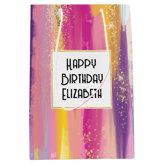 Colourful Rainbow Stripes with Faux Gold Glitter Medium Gift Bag (Front)