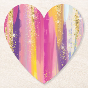 Colourful Rainbow Stripes with Faux Gold Glitter Paper Coaster