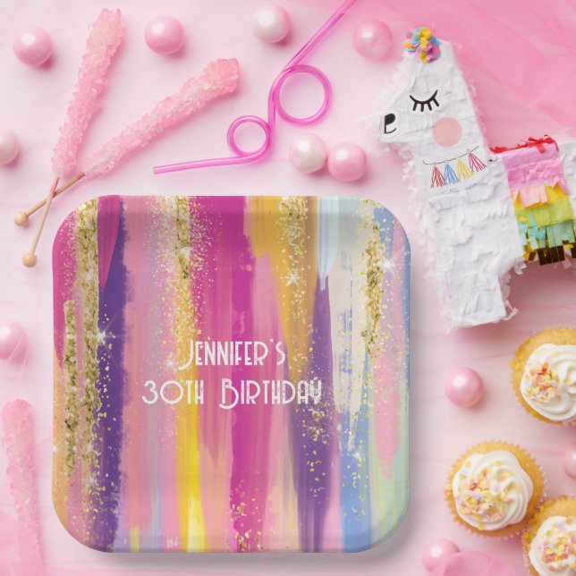 Colourful Rainbow Stripes with Faux Gold Glitter Paper Plate (Party)