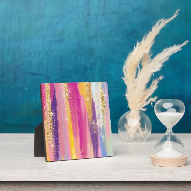 Colourful Rainbow Stripes with Faux Gold Glitter Plaque (Insitu)