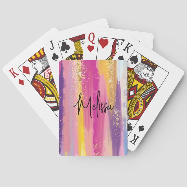 Colourful Rainbow Stripes with Faux Gold Glitter Playing Cards (Back)