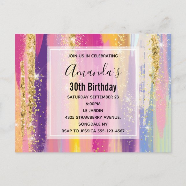 Colourful Rainbow Stripes with Faux Gold Glitter Postcard (Front)