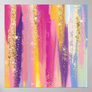 Colourful Rainbow Stripes with Faux Gold Glitter Poster