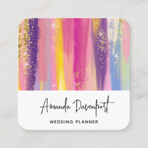 Colourful Rainbow Stripes with Faux Gold Glitter Square Business Card