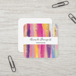 Colourful Rainbow Stripes with Faux Gold Glitter Square Business Card
