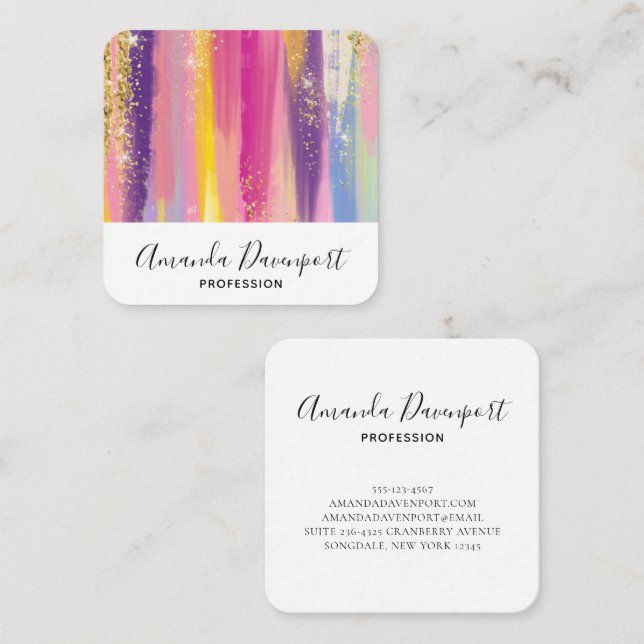 Colourful Rainbow Stripes with Faux Gold Glitter Square Business Card (Front/Back)