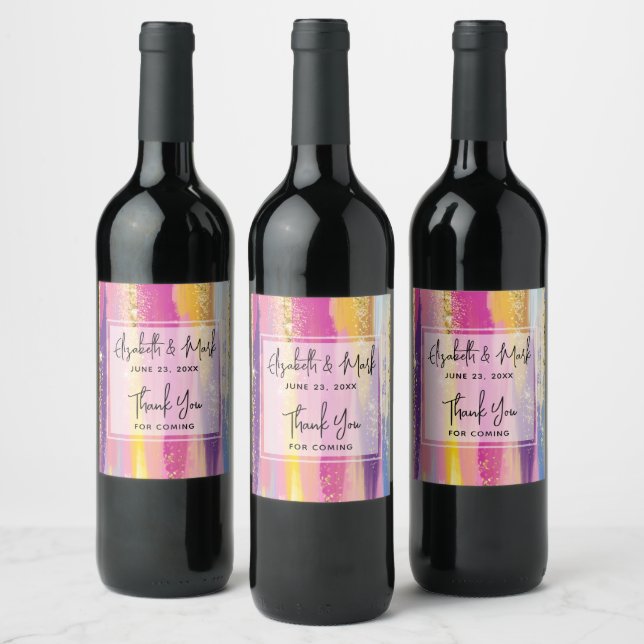 Colourful Rainbow Stripes with Faux Gold Glitter Wine Label (Bottles)