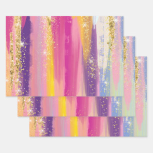 Colourful Rainbow Stripes with Faux Gold Glitter Wrapping Paper Sheet