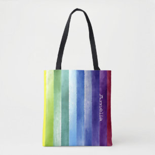 Colourful rainbow stripes with name tote bag